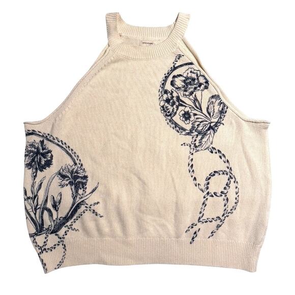 Anthropologie Pilcro Knit Halter Sweater Tank Women’s 2X Floral Motif Cream Navy - Picture 2 of 7